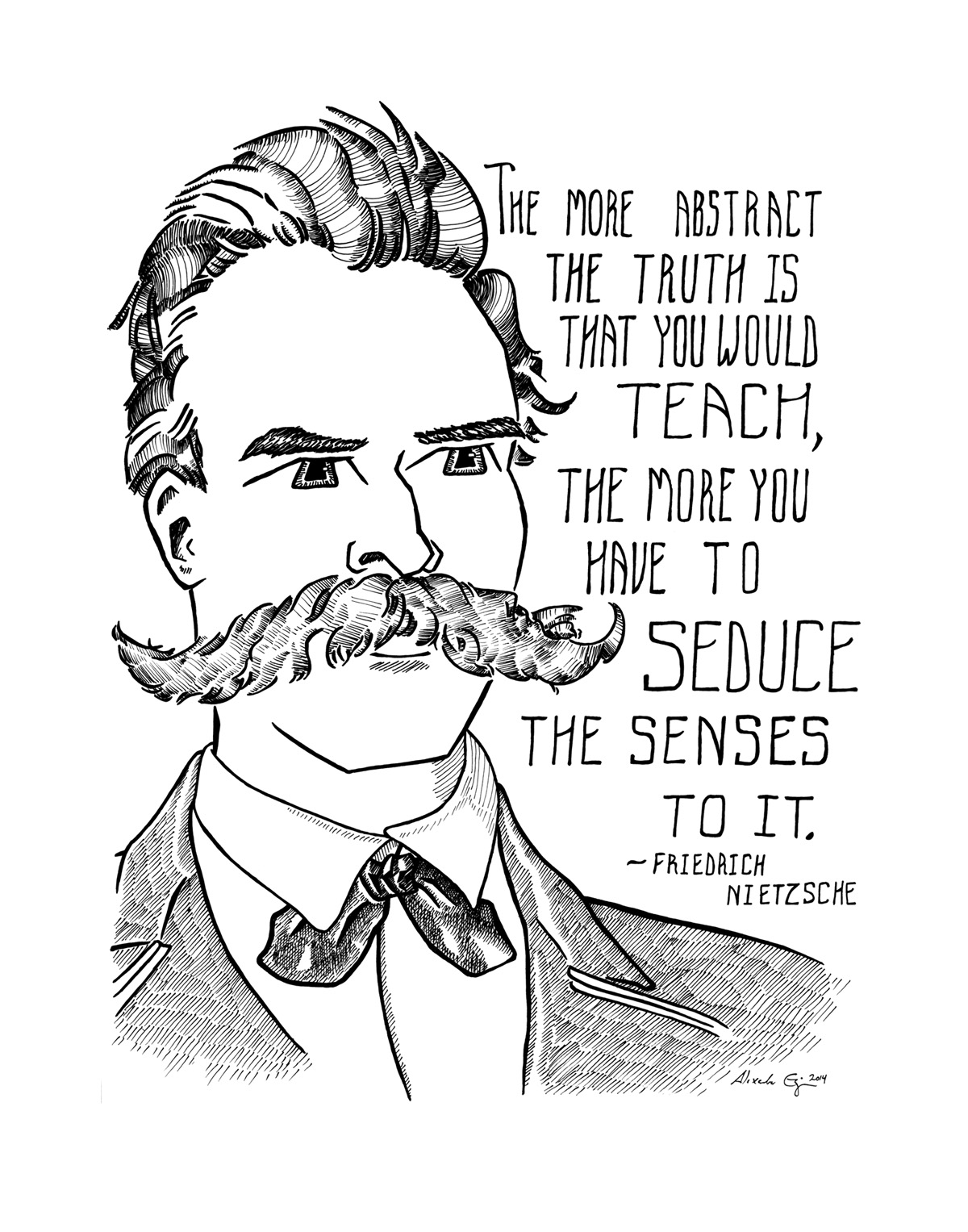 Pen and ink potrait of philosopher Friedrich Nietzsche with a quote from his writing