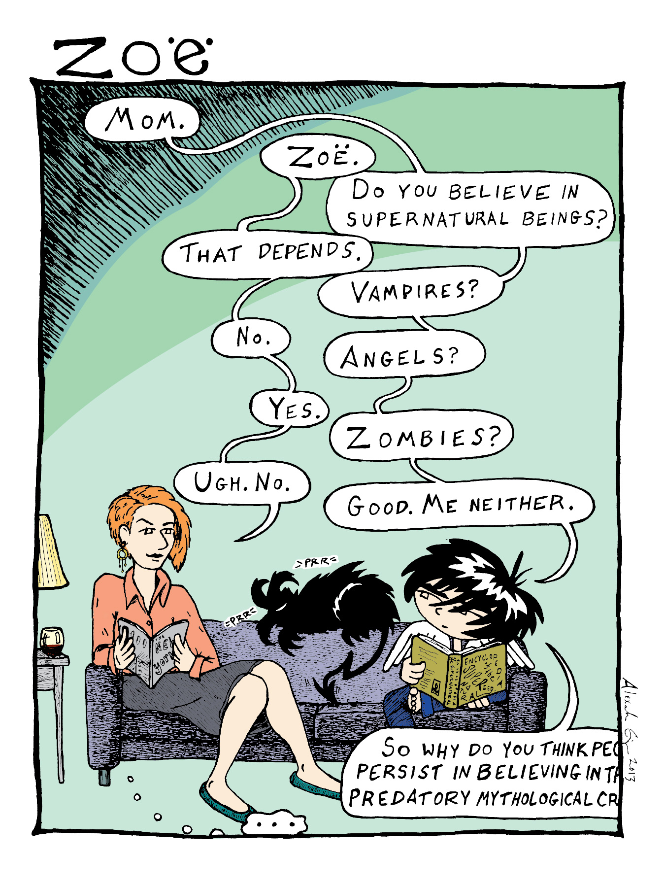 One panel comic strip of Zoe talking to their mom about the supernatural