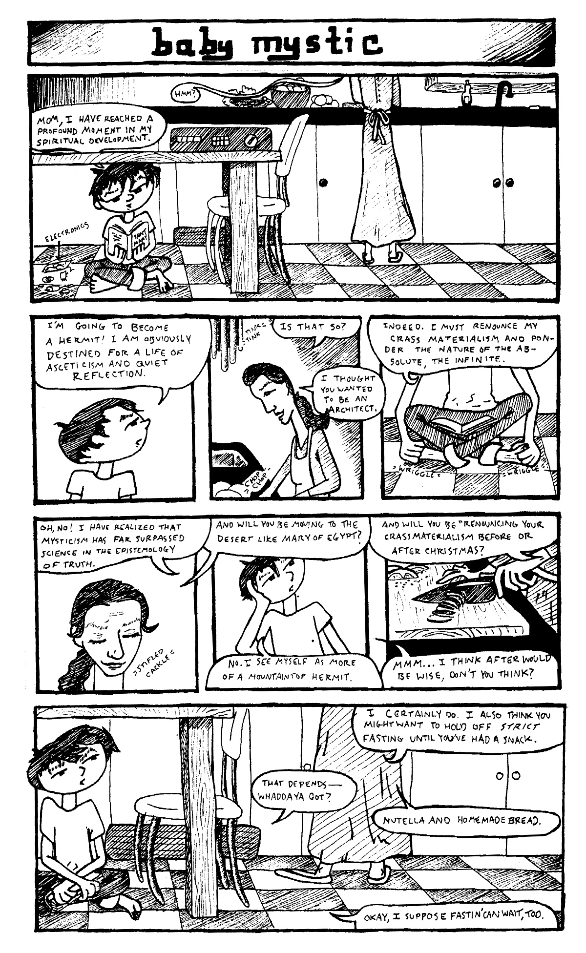 Full page autobiographical comic strip about a conversation Alex had with their mom about ritual fasting