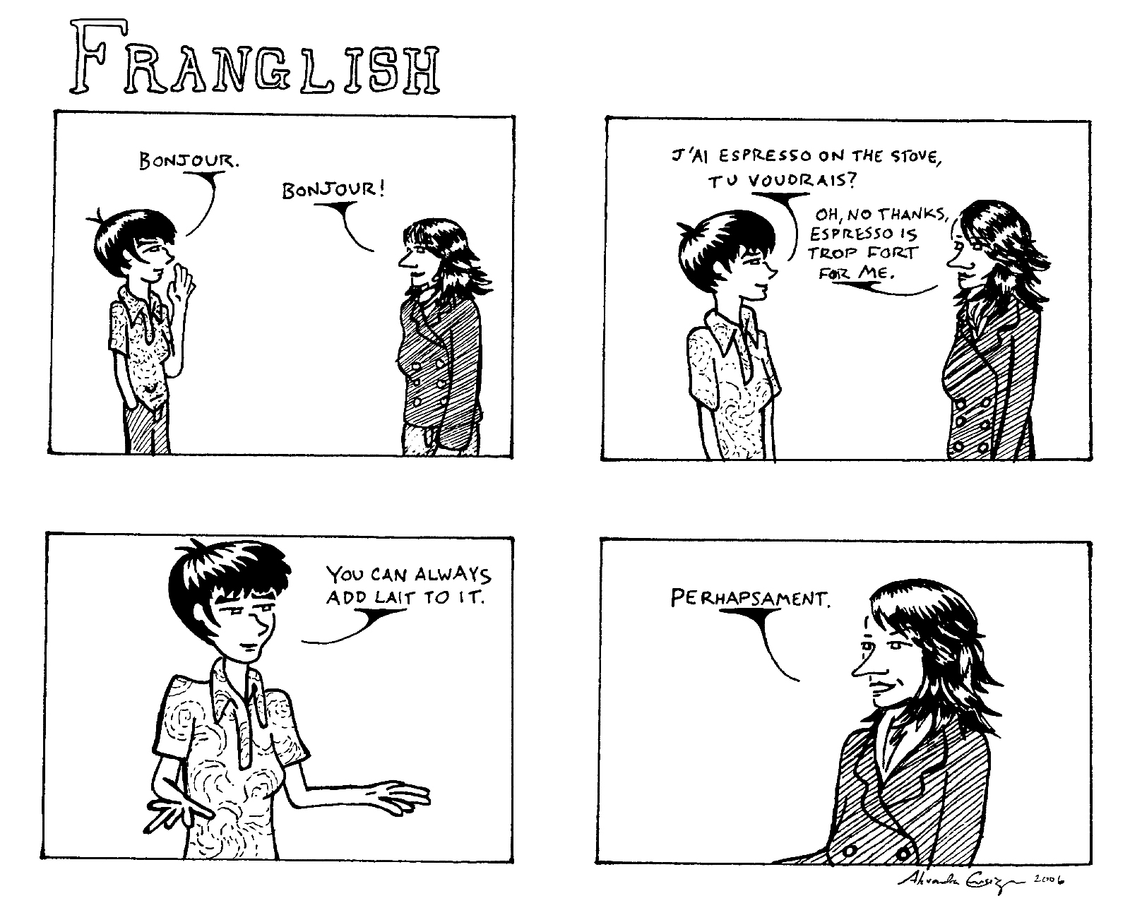 Four panel autobiographical comic about Alex learning French