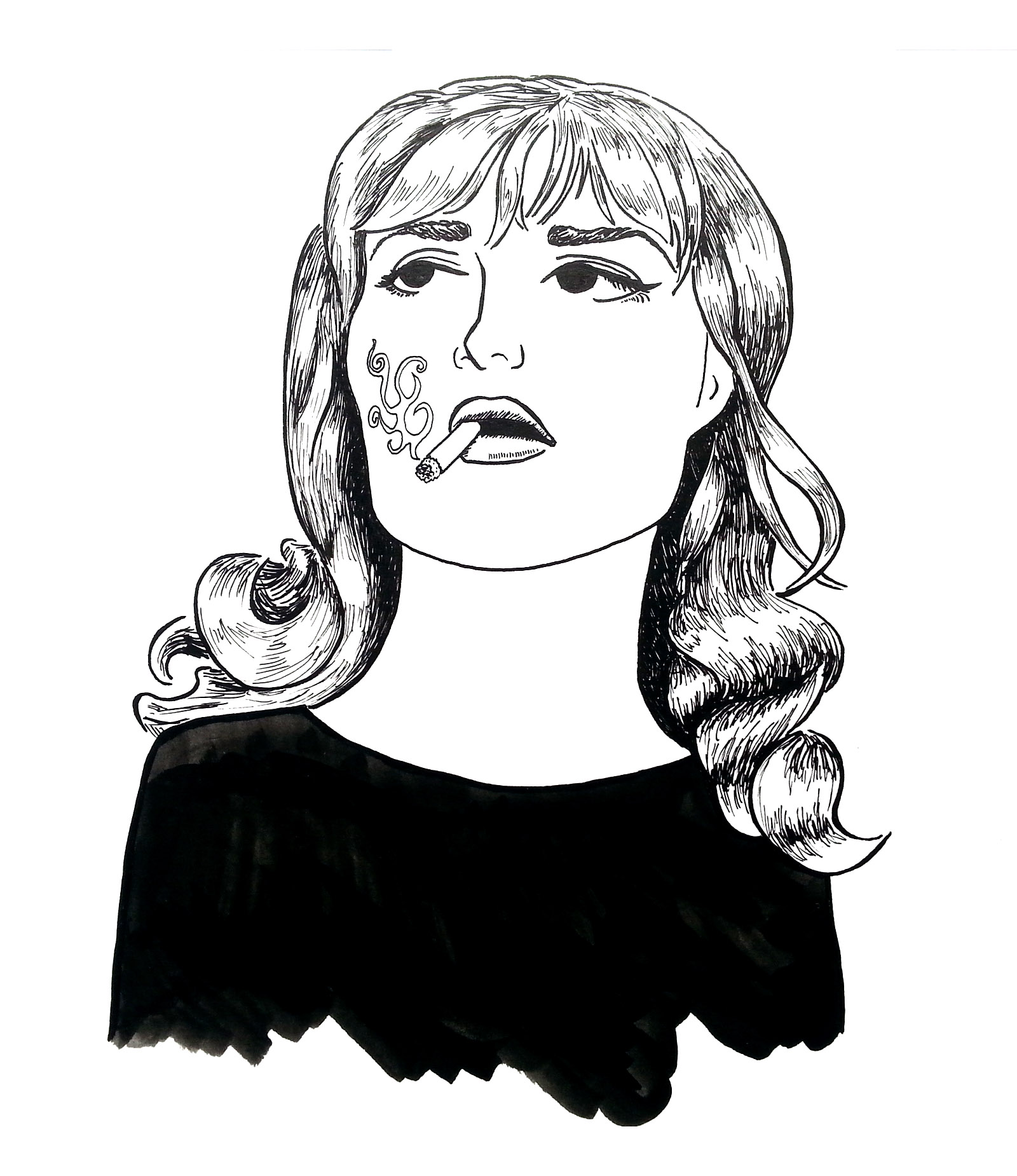 Pen and ink portrait of French actress Jeanne Moreau smoking a cigarette